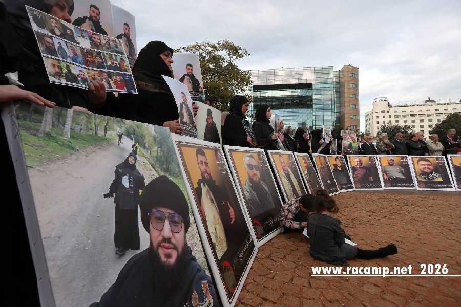 epa12587535 Activists and relatives of detainees in Israeli prisons carry pictures of the Lebanese prisoners in Israeli jails, during a protest outside the United Nations Economic and Social Commission for Western Asia (UN-ESCWA) headquarters in Beirut, Lebanon, 12 December 2025. Activists and relatives of detainees in Israeli prisons gather for a protest to condemn alleged Israeli aggression, assassinations and violations of Resolution 1701 and Lebanese sovereignty, and its continued kidnapping of Lebanese citizens and holding them hostage in its prisons inside the occupied Palestinian territories.  EPA/WAEL HAMZEH